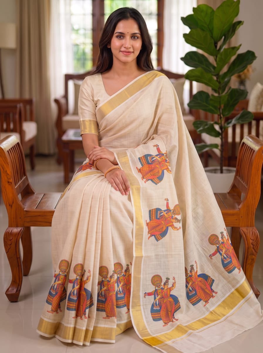 Mangalya Digital Print Chiku Linen Kerala Saree with Gold Zari Border