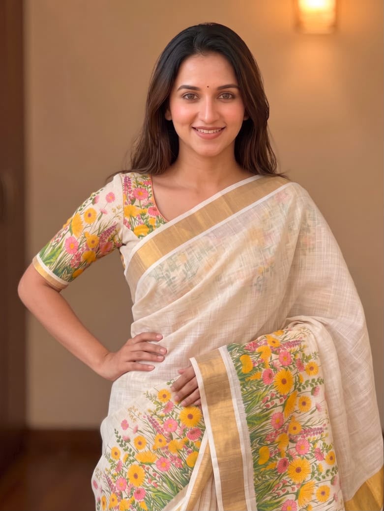 Mangalya Digital Print Chiku Linen Kerala Saree with Gold Zari Border