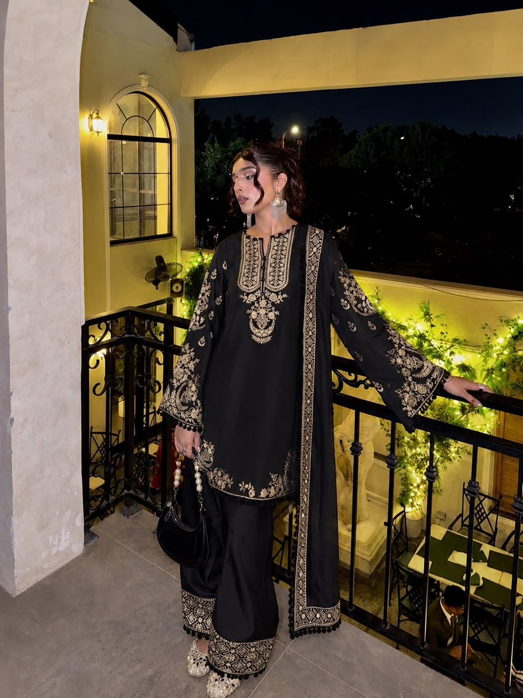 3-Piece French Crepe Zari Embroidered Kurti & Palazzo Set