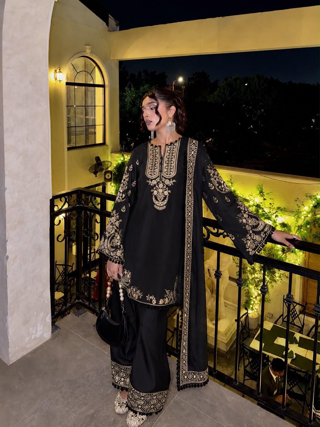 3-Piece French Crepe Zari Embroidered Kurti & Palazzo Set