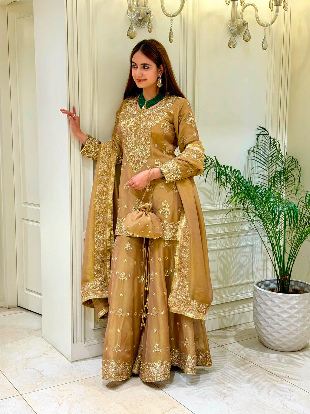Heavy Sequin & Pearl Embroidered Pure Moss Silk Top, Palazzo & Dupatta Set