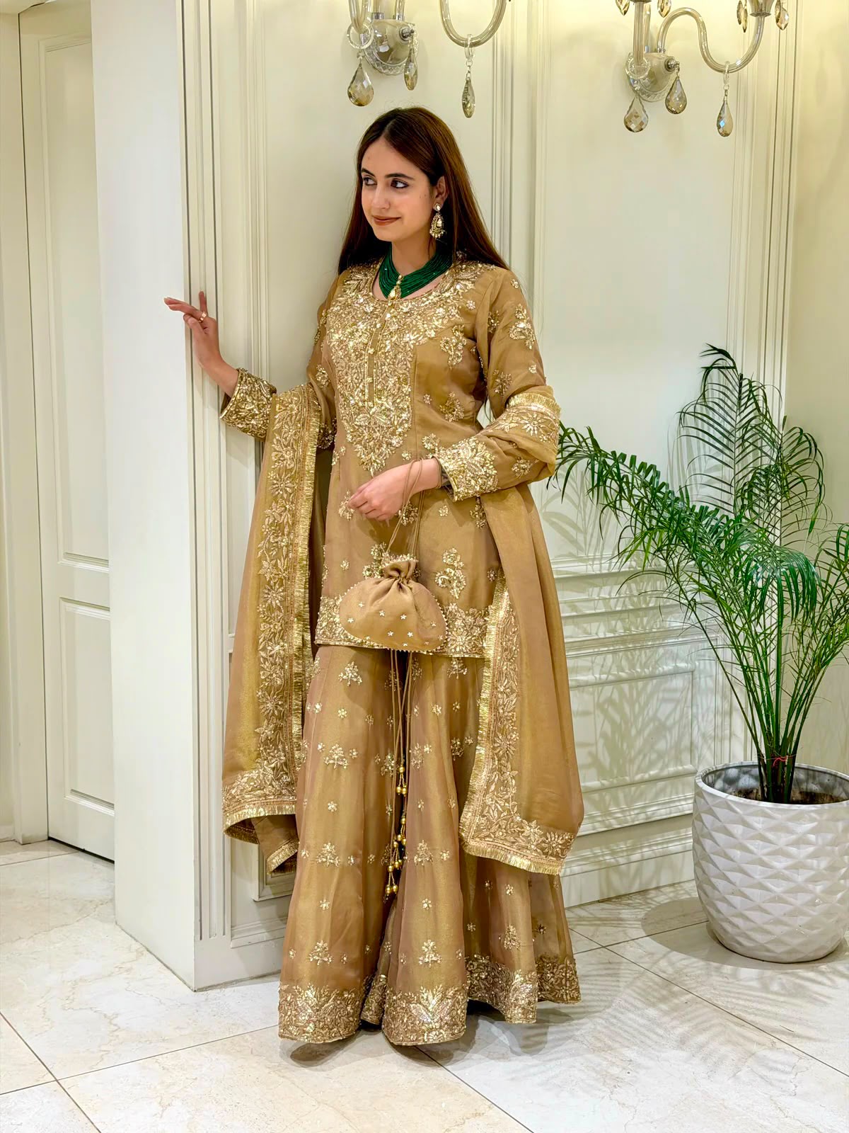Heavy Sequin & Pearl Embroidered Pure Moss Silk Top, Palazzo & Dupatta Set