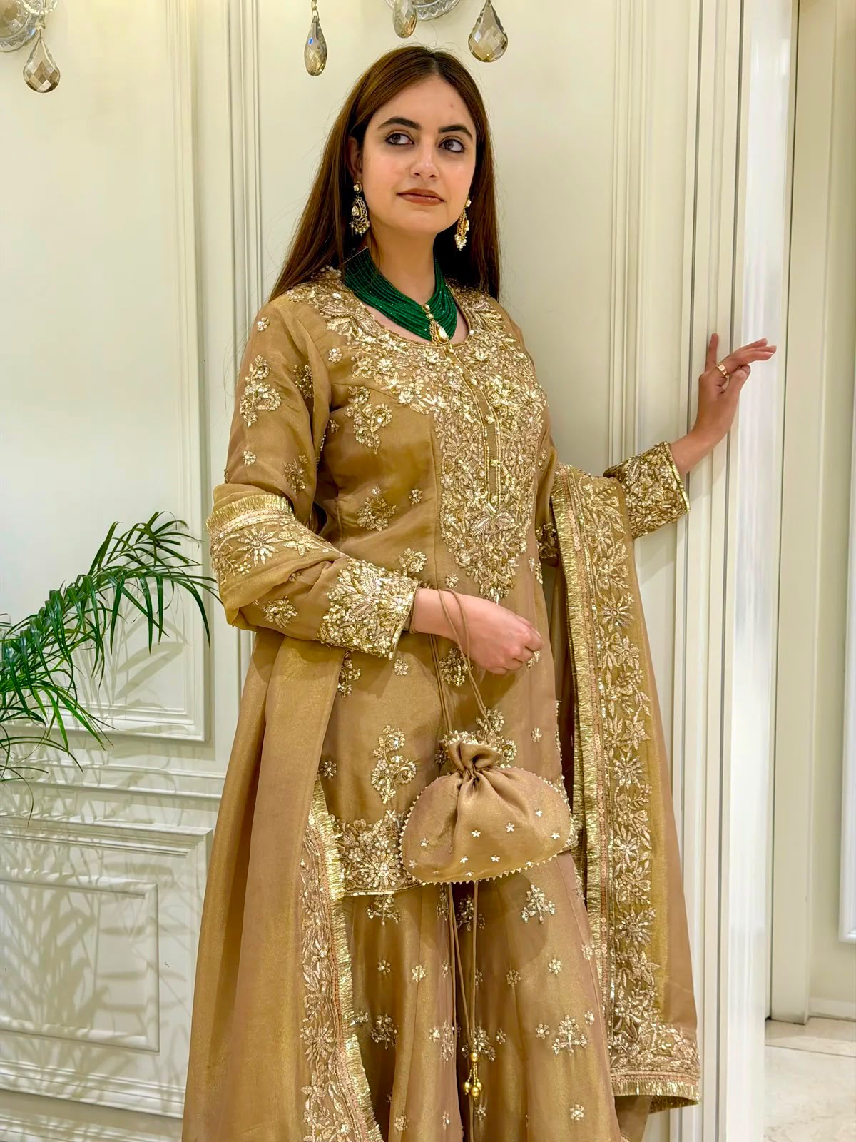 Heavy Sequin & Pearl Embroidered Pure Moss Silk Top, Palazzo & Dupatta Set