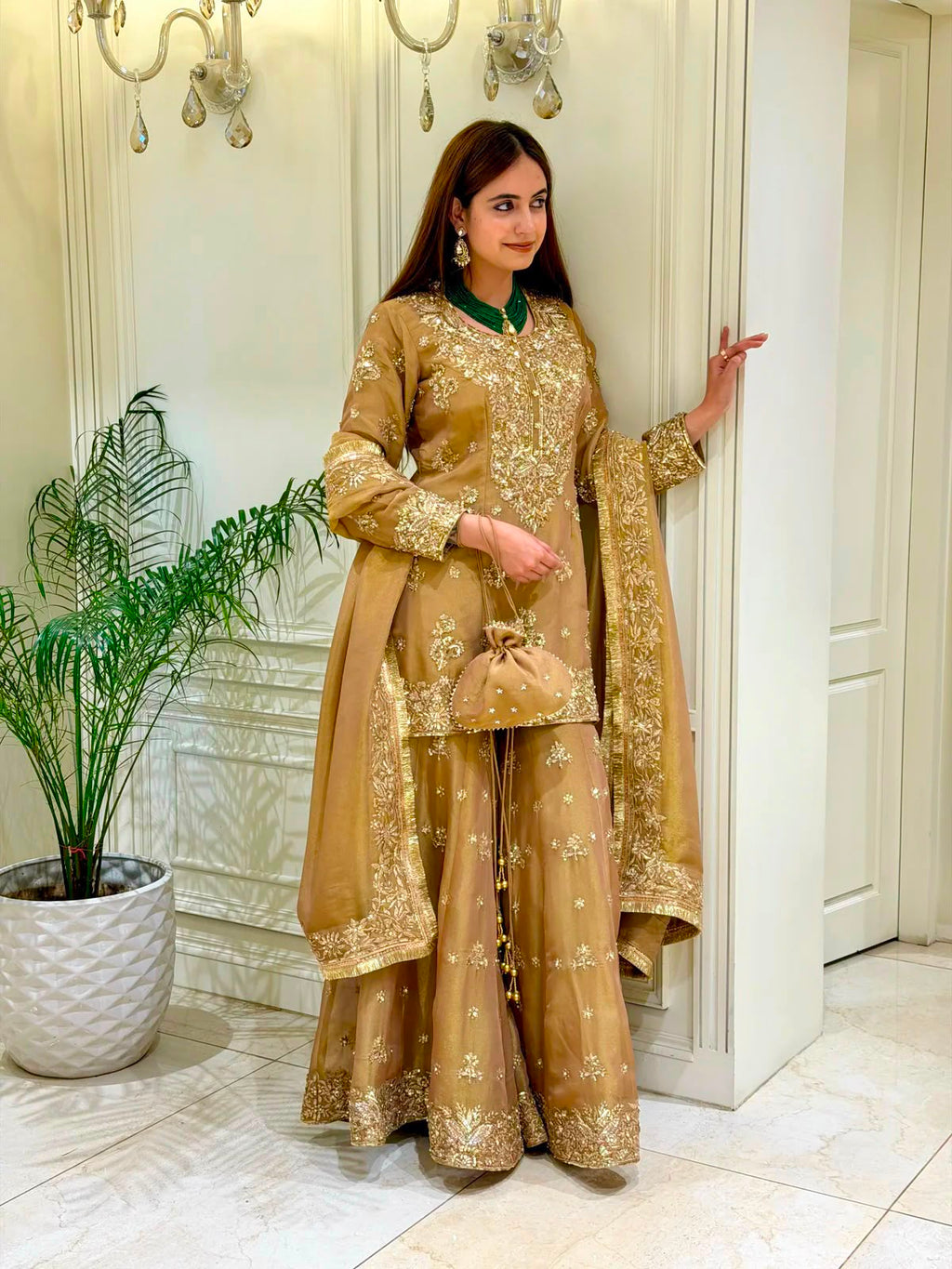 Heavy Sequin & Pearl Embroidered Pure Moss Silk Top, Palazzo & Dupatta Set