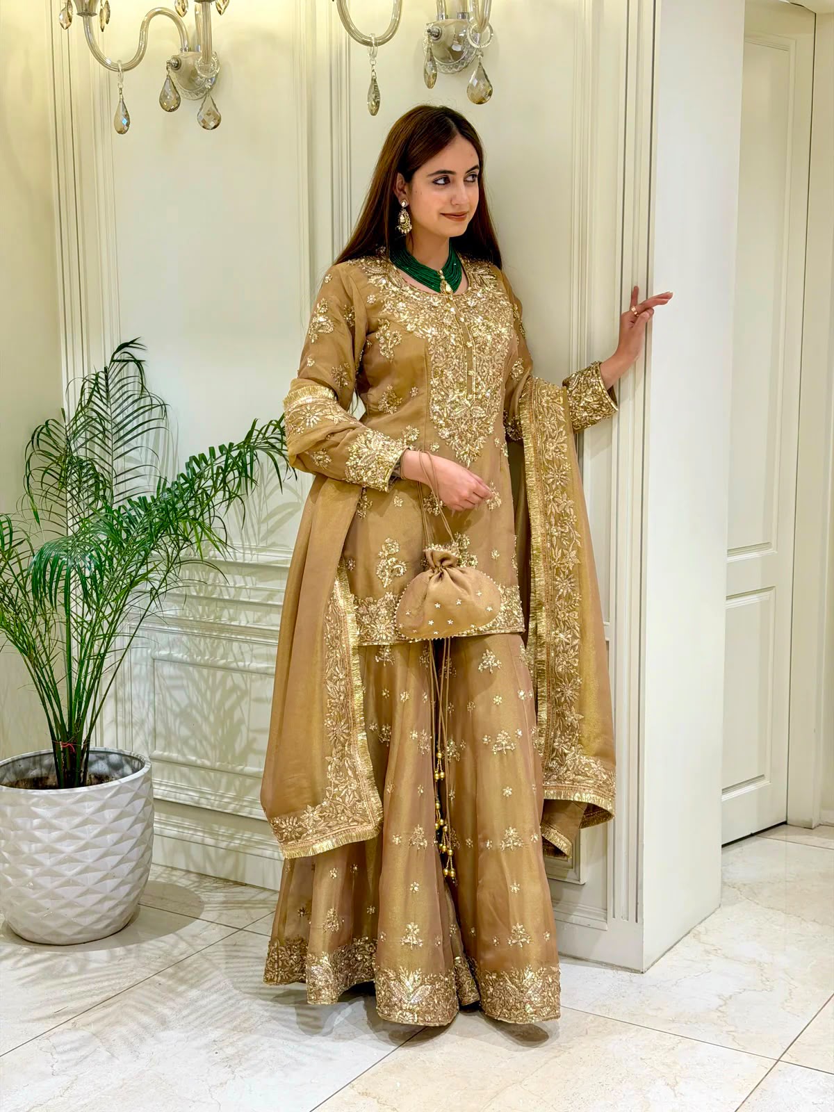 Heavy Sequin & Pearl Embroidered Pure Moss Silk Top, Palazzo & Dupatta Set