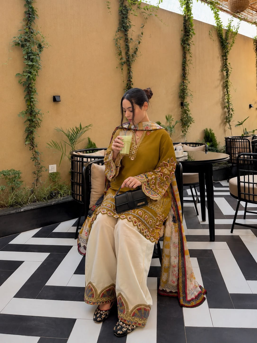 Thread Embroidered Roman Silk Kurti & Palazzo Set with Digitally Printed Georgette Dupatta