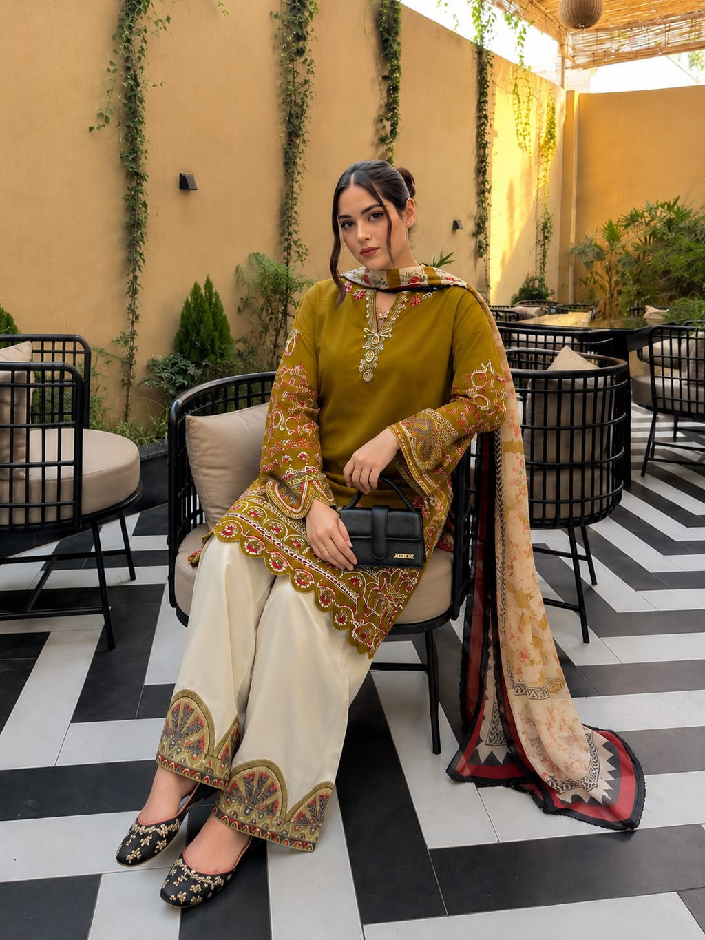Thread Embroidered Roman Silk Kurti & Palazzo Set with Digitally Printed Georgette Dupatta