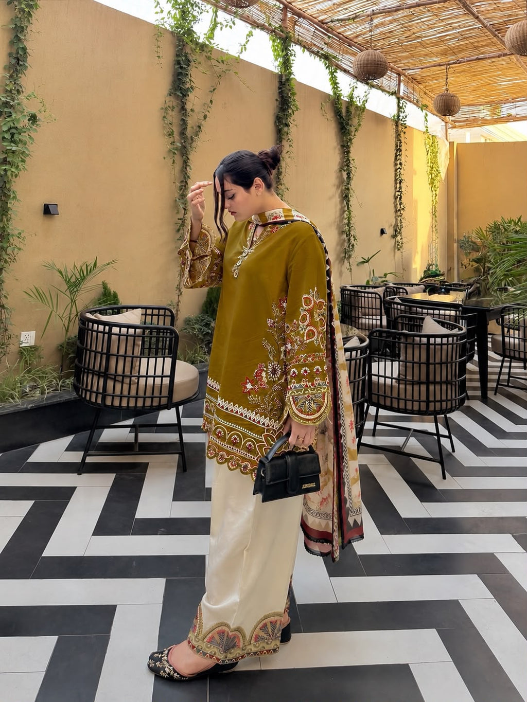 Thread Embroidered Roman Silk Kurti & Palazzo Set with Digitally Printed Georgette Dupatta