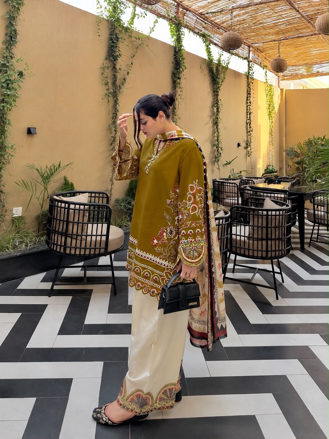 Thread Embroidered Roman Silk Kurti & Palazzo Set with Digitally Printed Georgette Dupatta