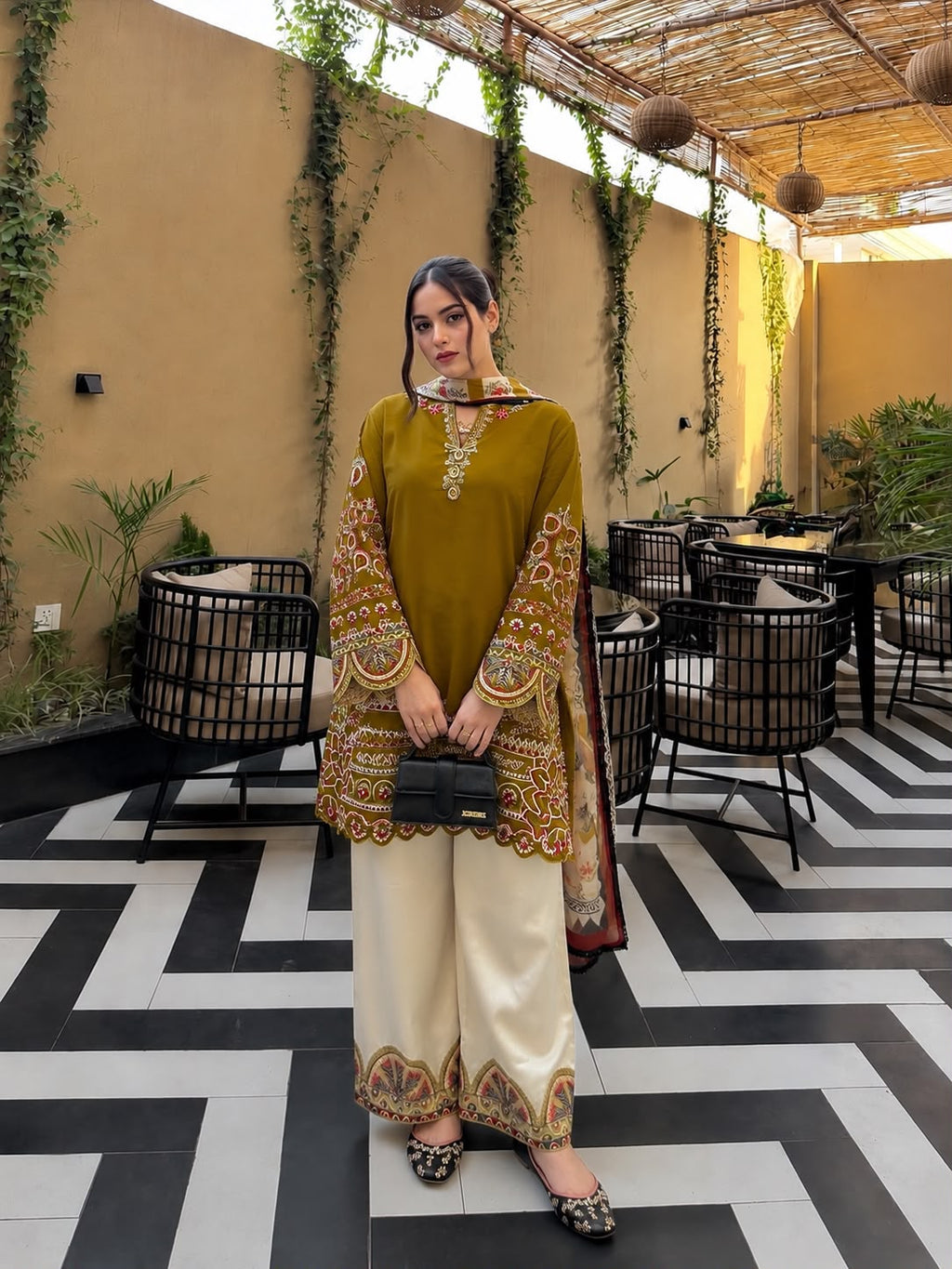 Thread Embroidered Roman Silk Kurti & Palazzo Set with Digitally Printed Georgette Dupatta