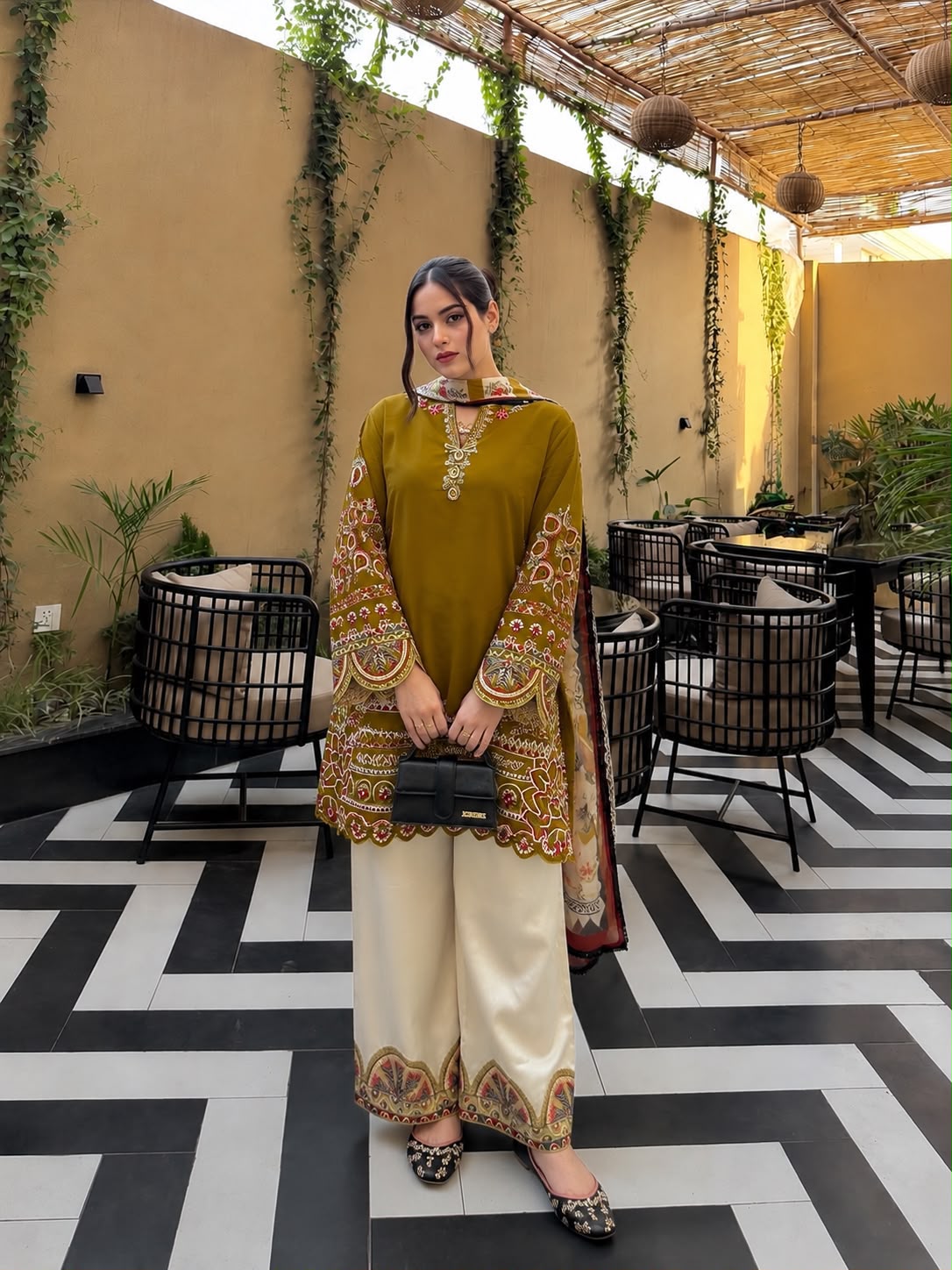 Thread Embroidered Roman Silk Kurti & Palazzo Set with Digitally Printed Georgette Dupatta