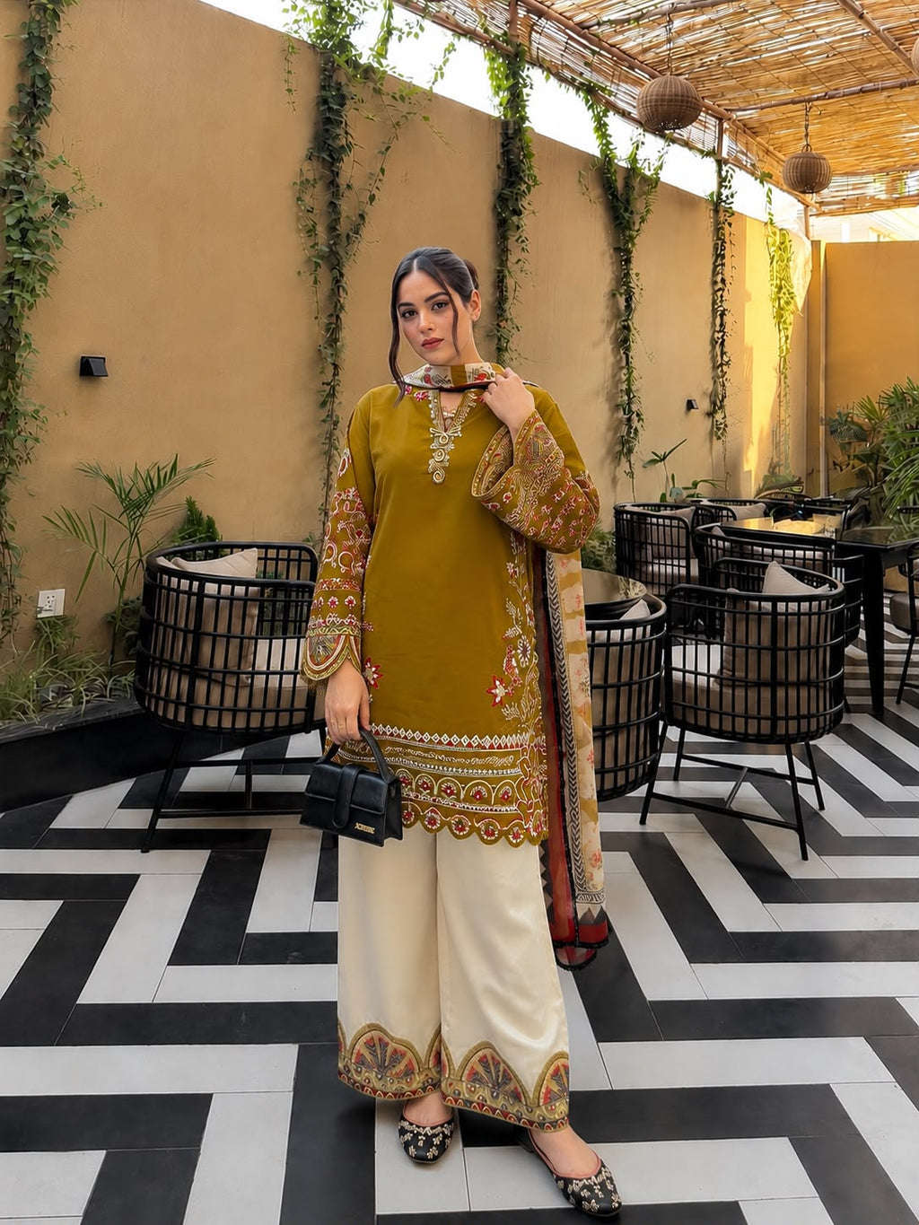 Thread Embroidered Roman Silk Kurti & Palazzo Set with Digitally Printed Georgette Dupatta