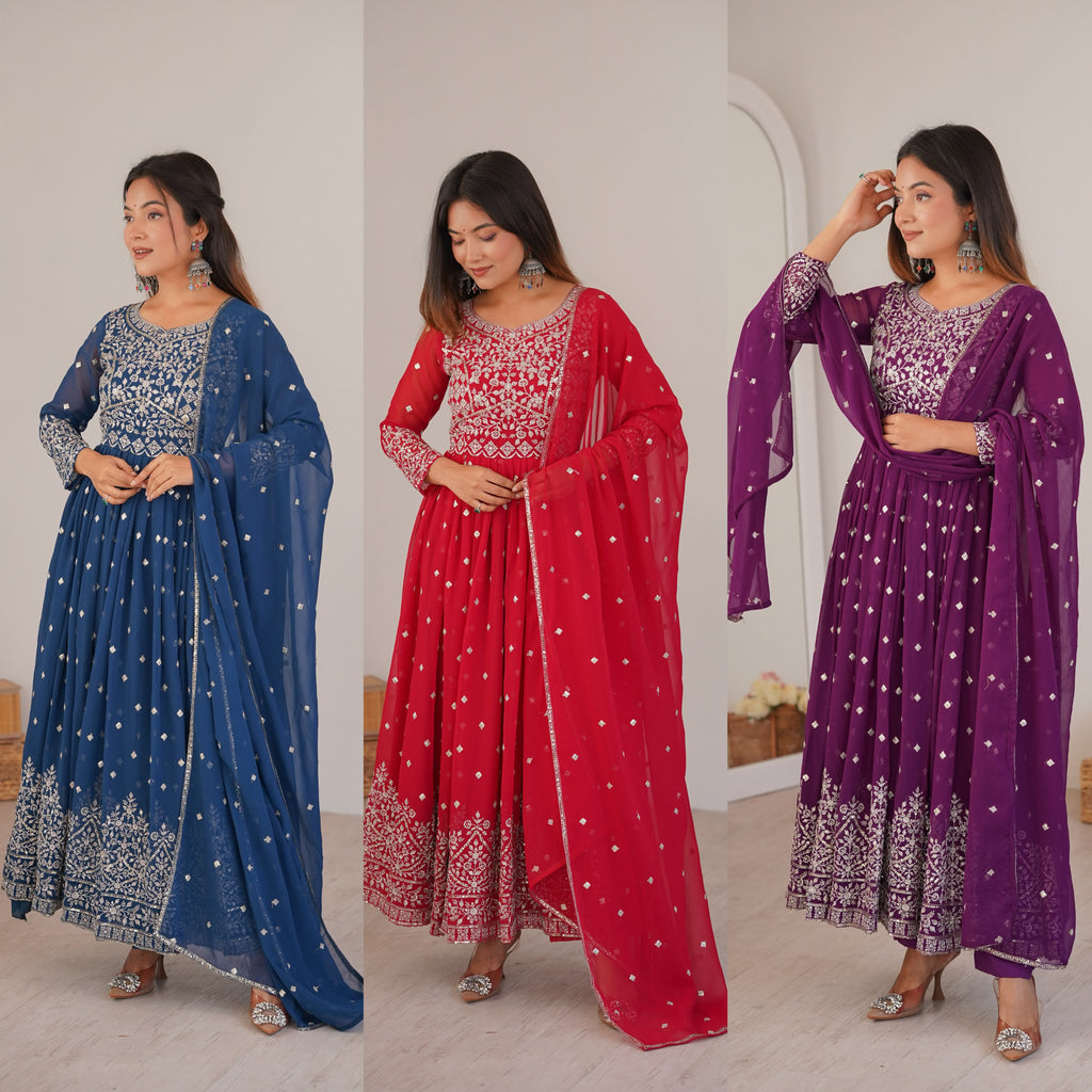 Designer Embroidered Heavy Faux Georgette Anarkali Suit Set with Pants & Dupatta