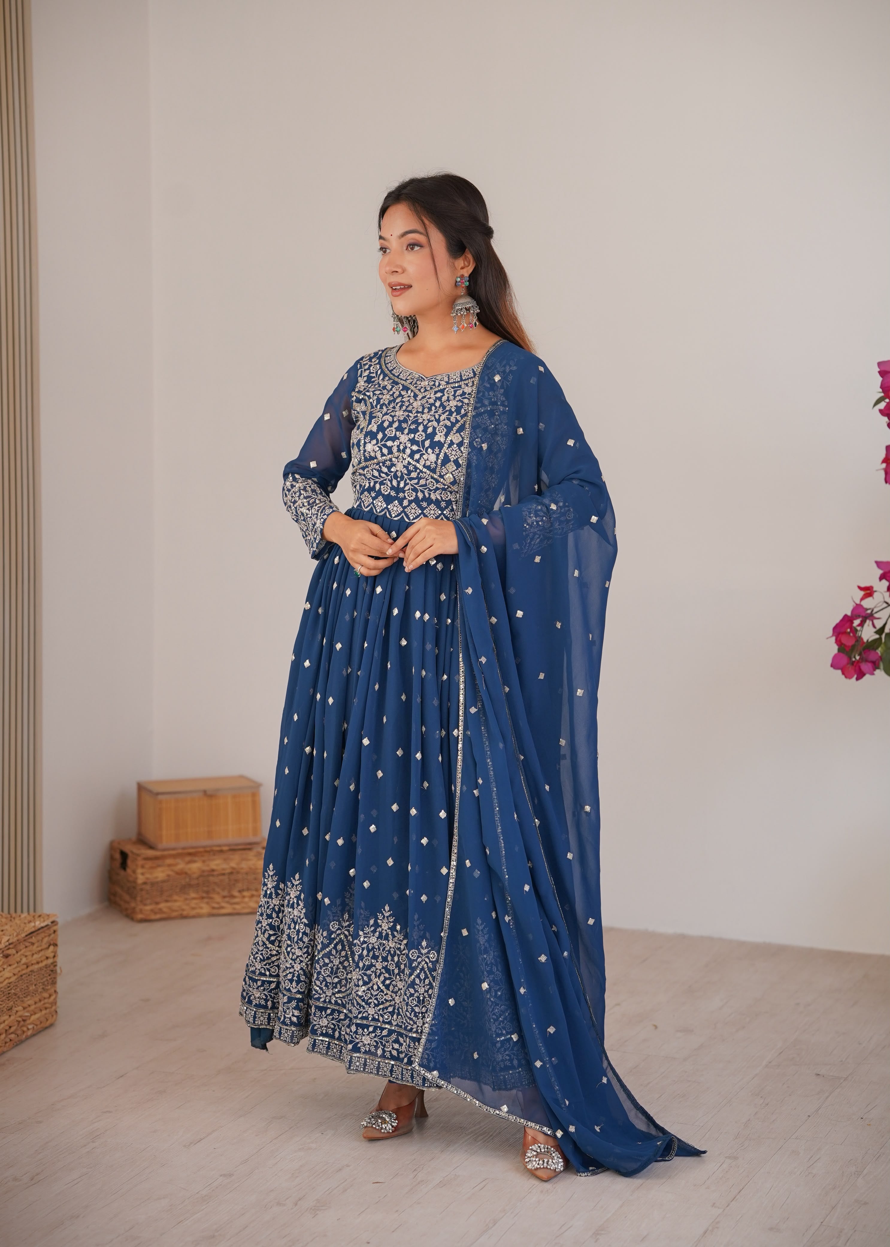 Designer Embroidered Heavy Faux Georgette Anarkali Suit Set with Pants & Dupatta
