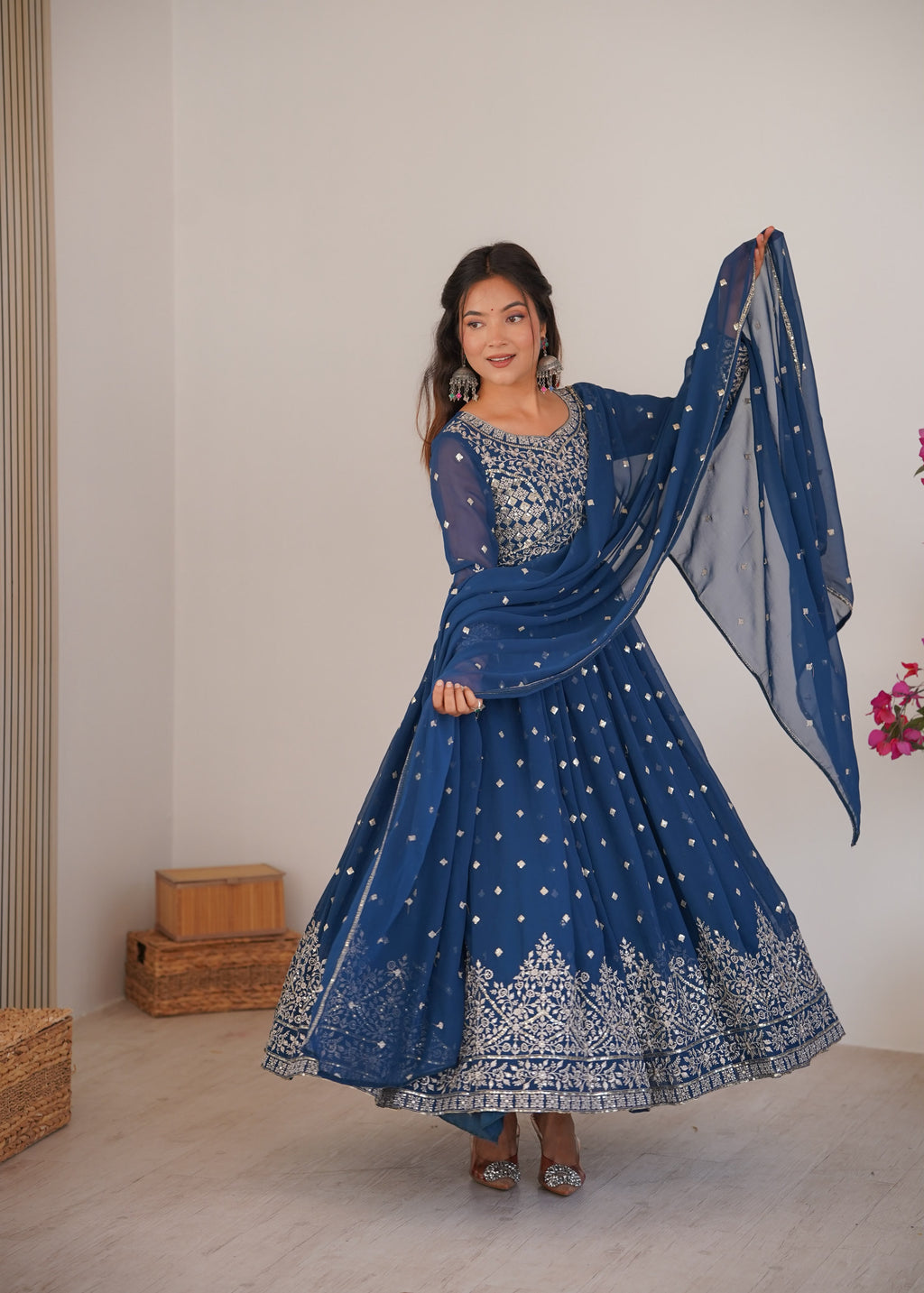 Designer Embroidered Heavy Faux Georgette Anarkali Suit Set with Pants & Dupatta