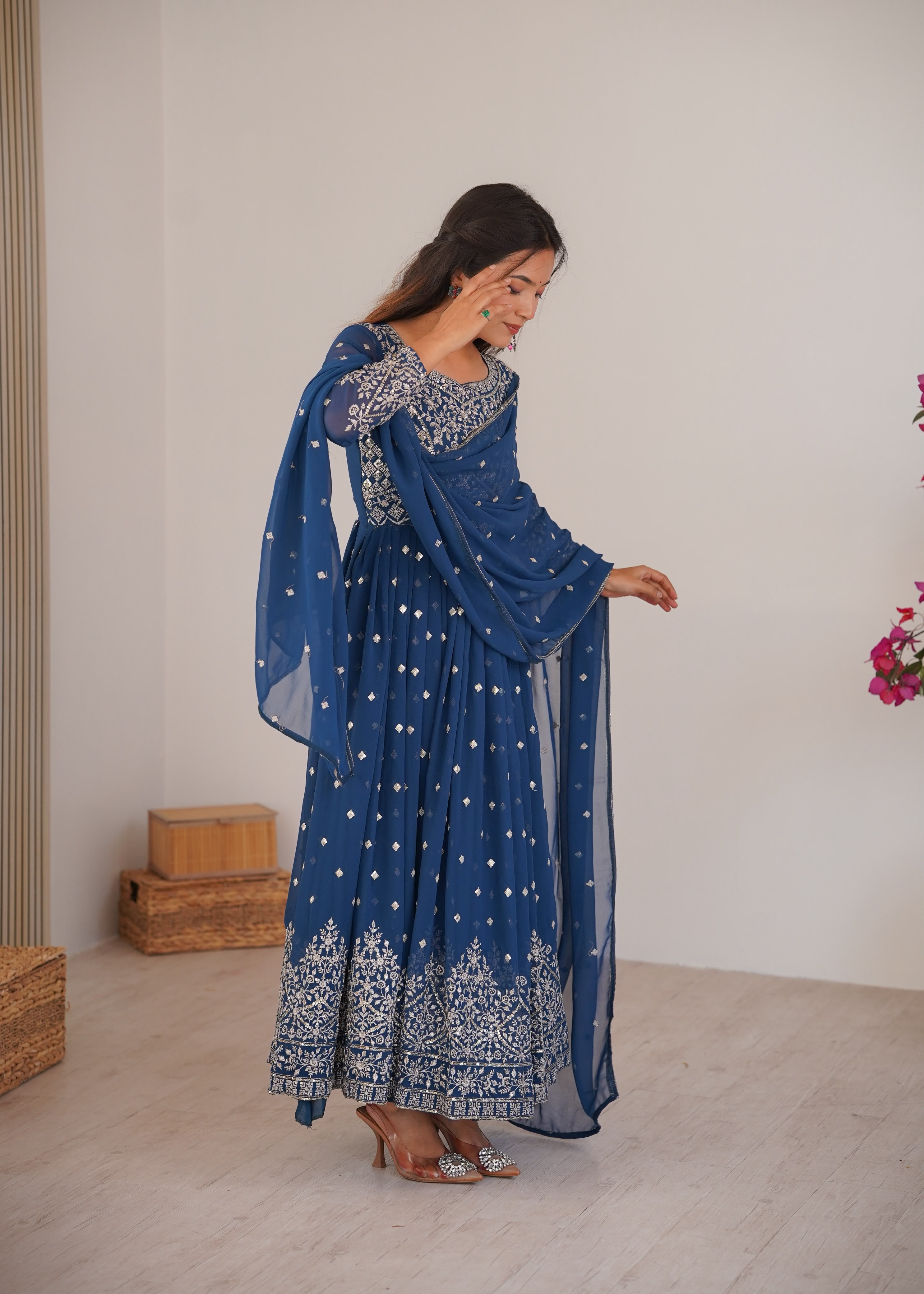 Designer Embroidered Heavy Faux Georgette Anarkali Suit Set with Pants & Dupatta