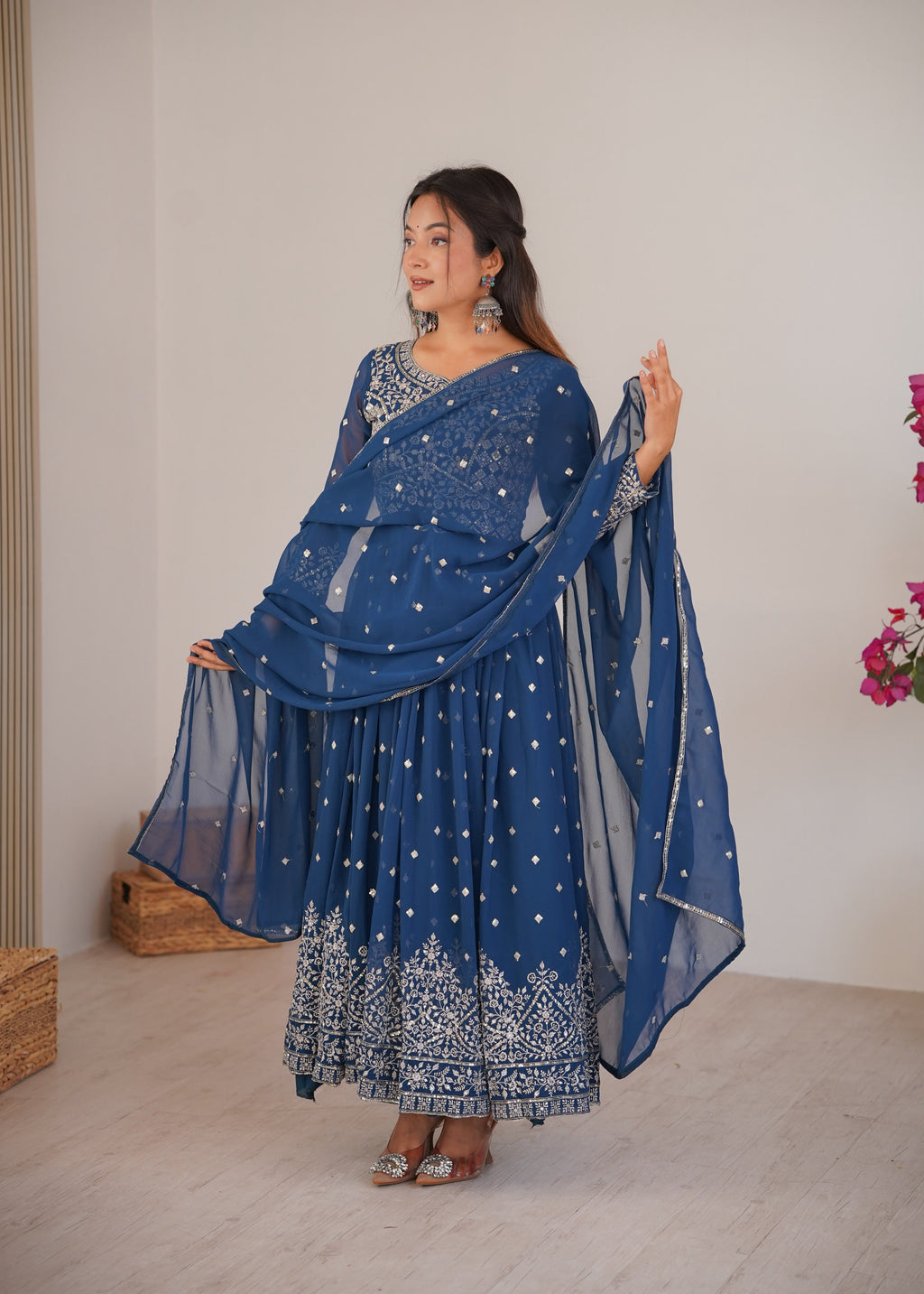 Designer Embroidered Heavy Faux Georgette Anarkali Suit Set with Pants & Dupatta