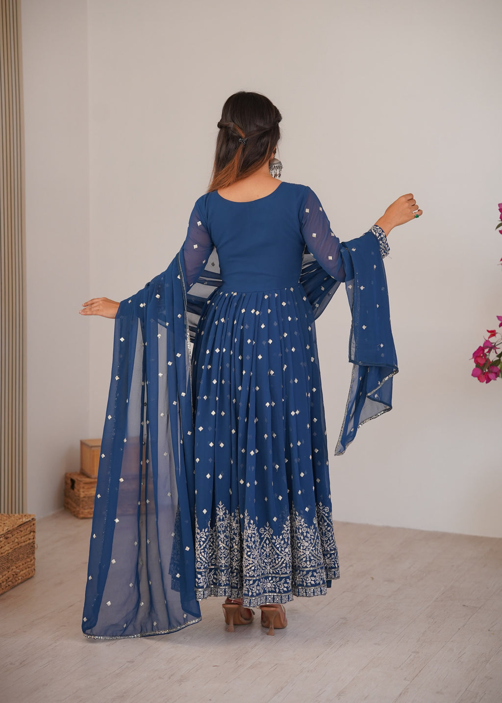 Designer Embroidered Heavy Faux Georgette Anarkali Suit Set with Pants & Dupatta