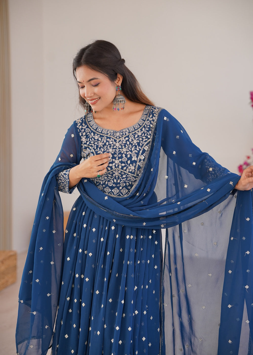 Designer Embroidered Heavy Faux Georgette Anarkali Suit Set with Pants & Dupatta