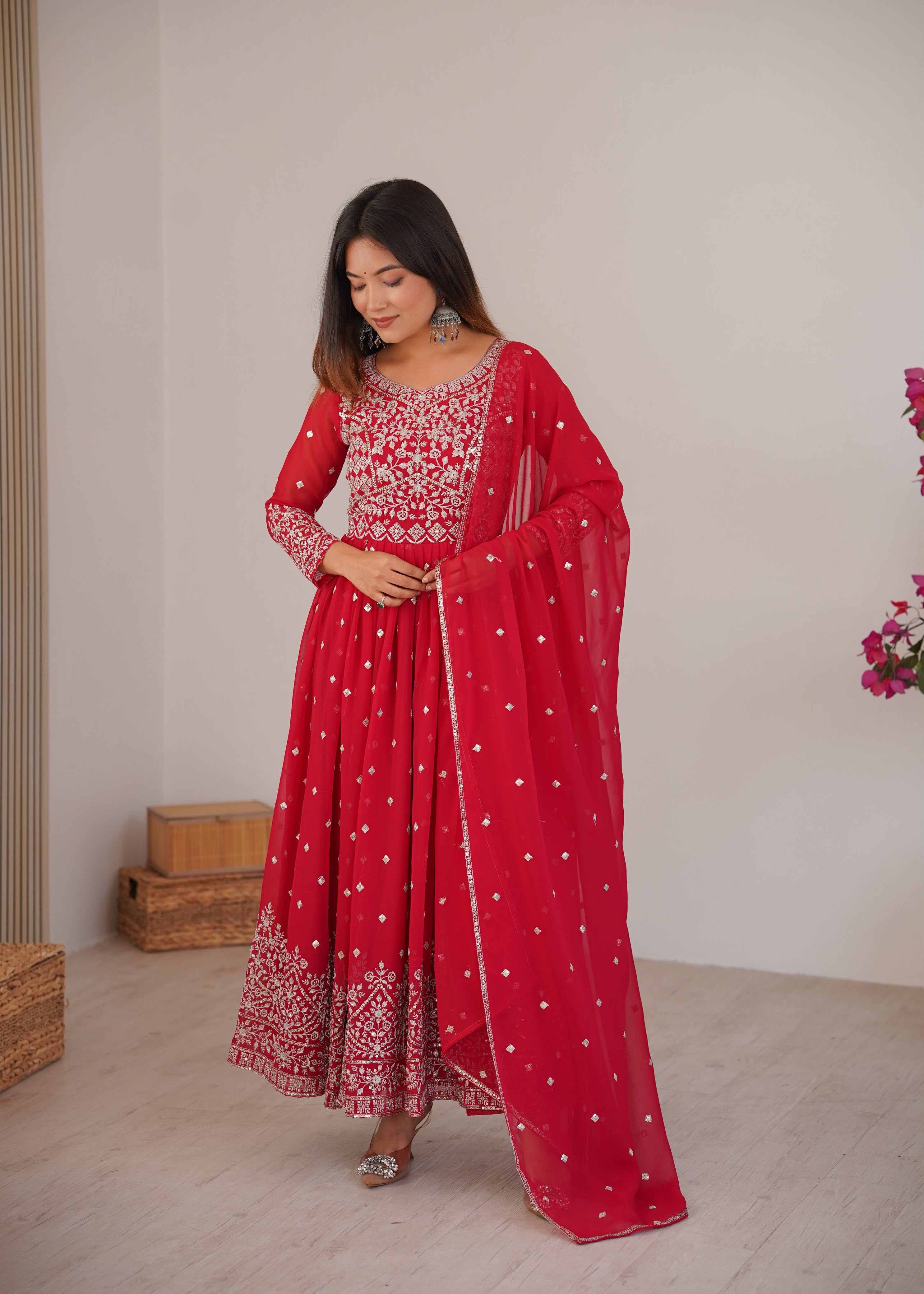 Designer Embroidered Heavy Faux Georgette Anarkali Suit Set with Pants & Dupatta