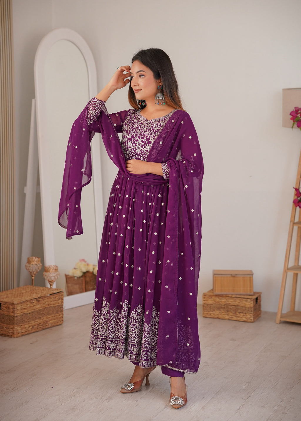 Designer Embroidered Heavy Faux Georgette Anarkali Suit Set with Pants & Dupatta
