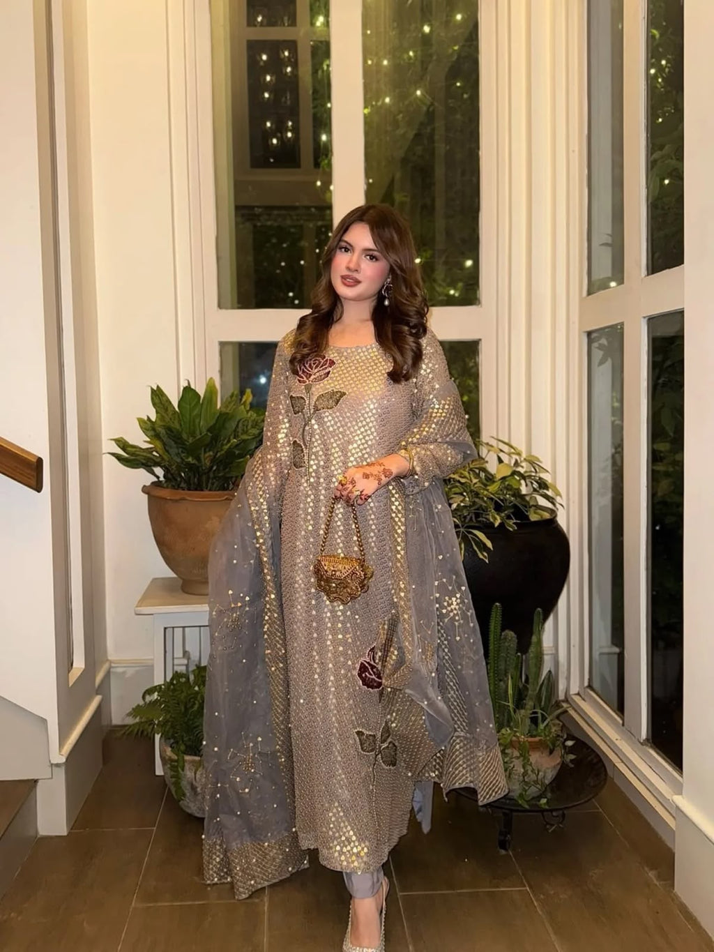 Dual Sequins & Pearl Embroidered Faux Georgette Suit Set with Pant & Dupatta