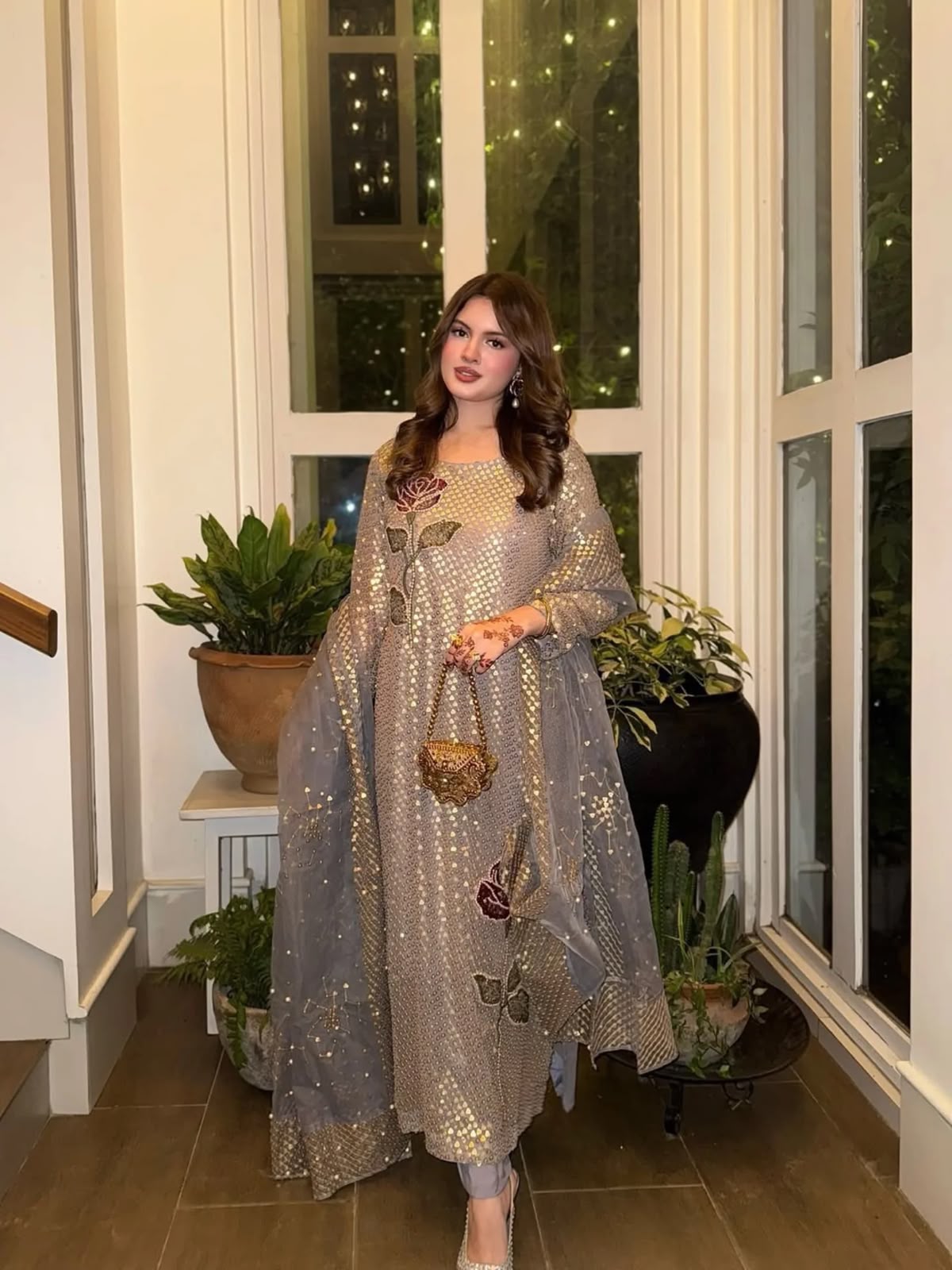 Dual Sequins & Pearl Embroidered Faux Georgette Suit Set with Pant & Dupatta