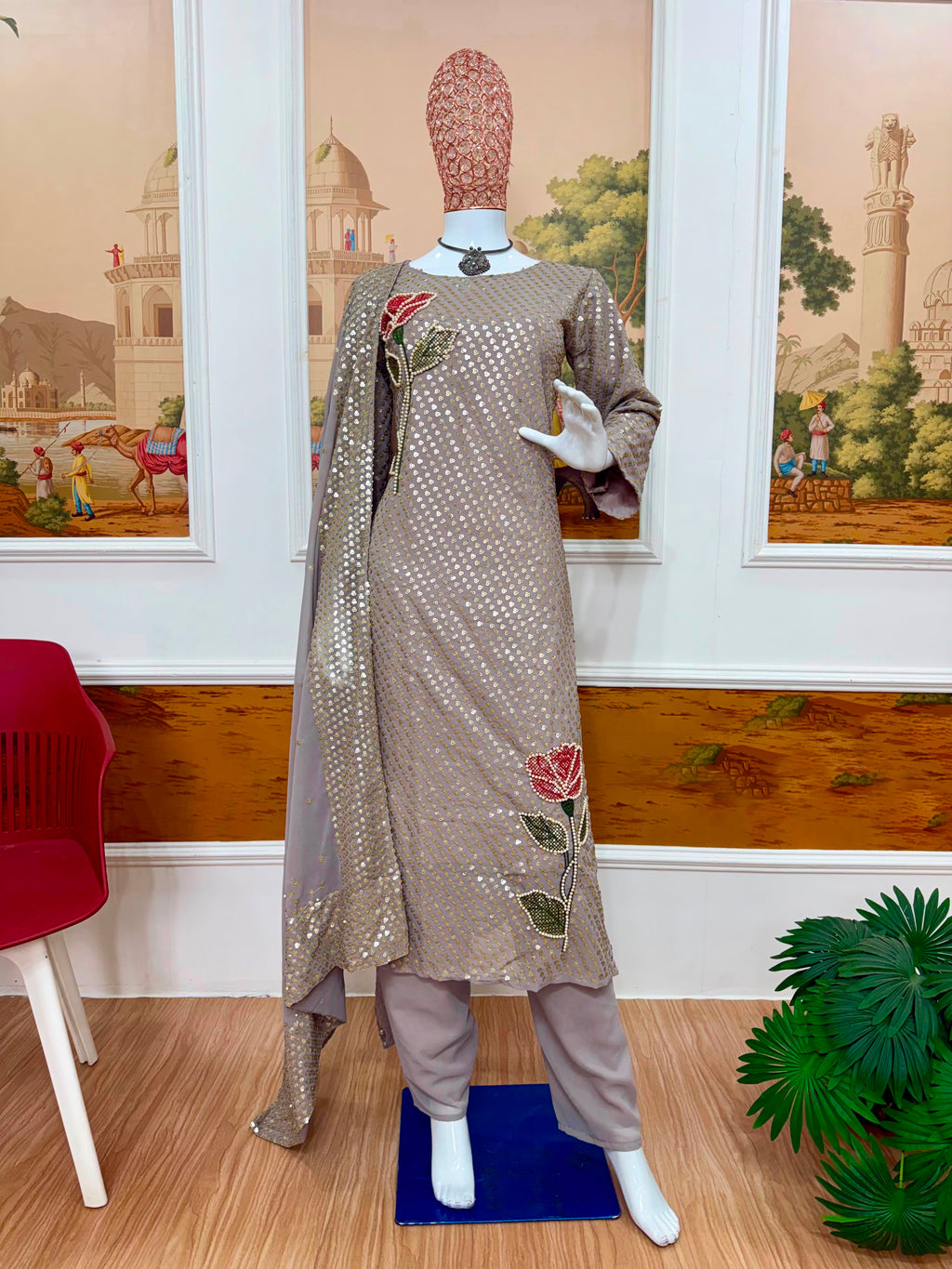 Dual Sequins & Pearl Embroidered Faux Georgette Suit Set with Pant & Dupatta