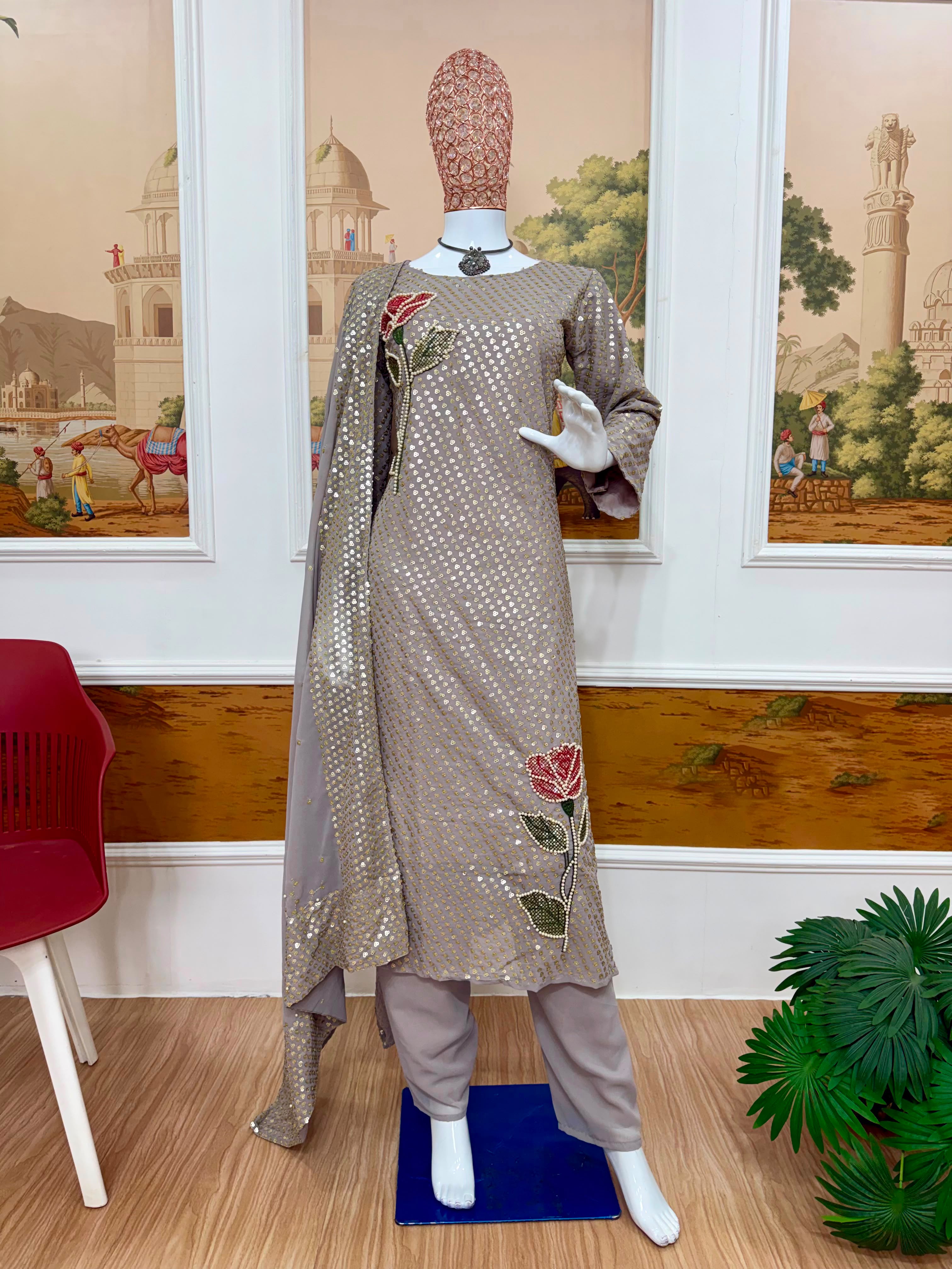 Dual Sequins & Pearl Embroidered Faux Georgette Suit Set with Pant & Dupatta