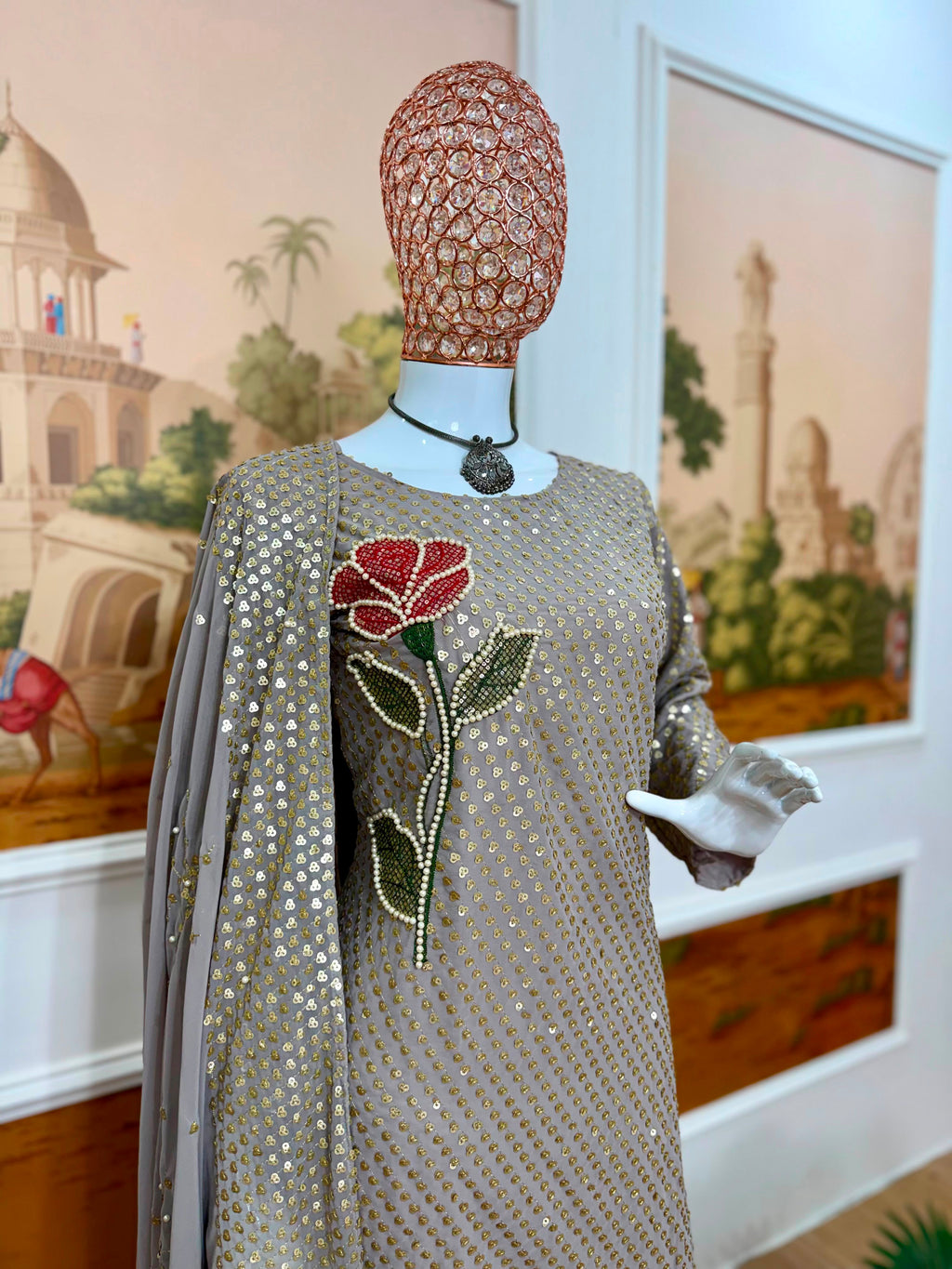 Dual Sequins & Pearl Embroidered Faux Georgette Suit Set with Pant & Dupatta