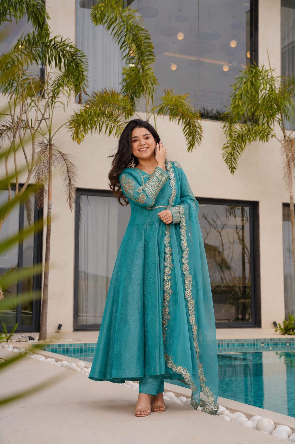 Fancy Embroidery & Sequence Work Heavy Silk Anarkali Gown Set with Pant & Dupatta