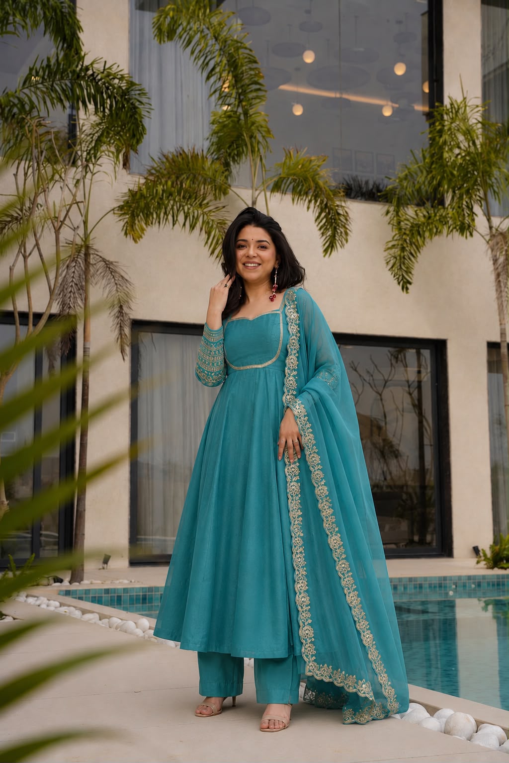 Fancy Embroidery & Sequence Work Heavy Silk Anarkali Gown Set with Pant & Dupatta