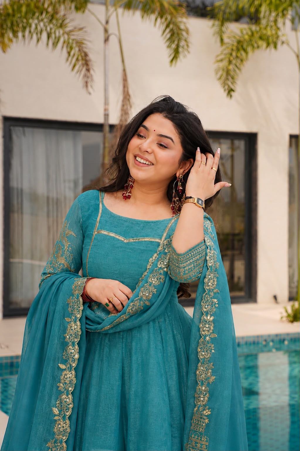 Fancy Embroidery & Sequence Work Heavy Silk Anarkali Gown Set with Pant & Dupatta