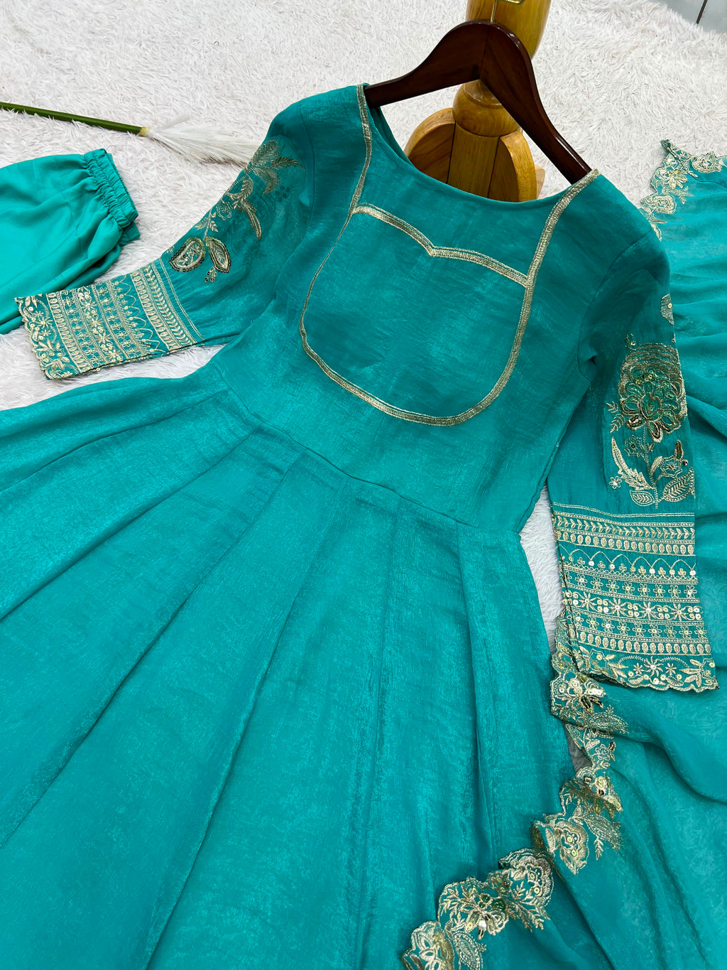 Fancy Embroidery & Sequence Work Heavy Silk Anarkali Gown Set with Pant & Dupatta
