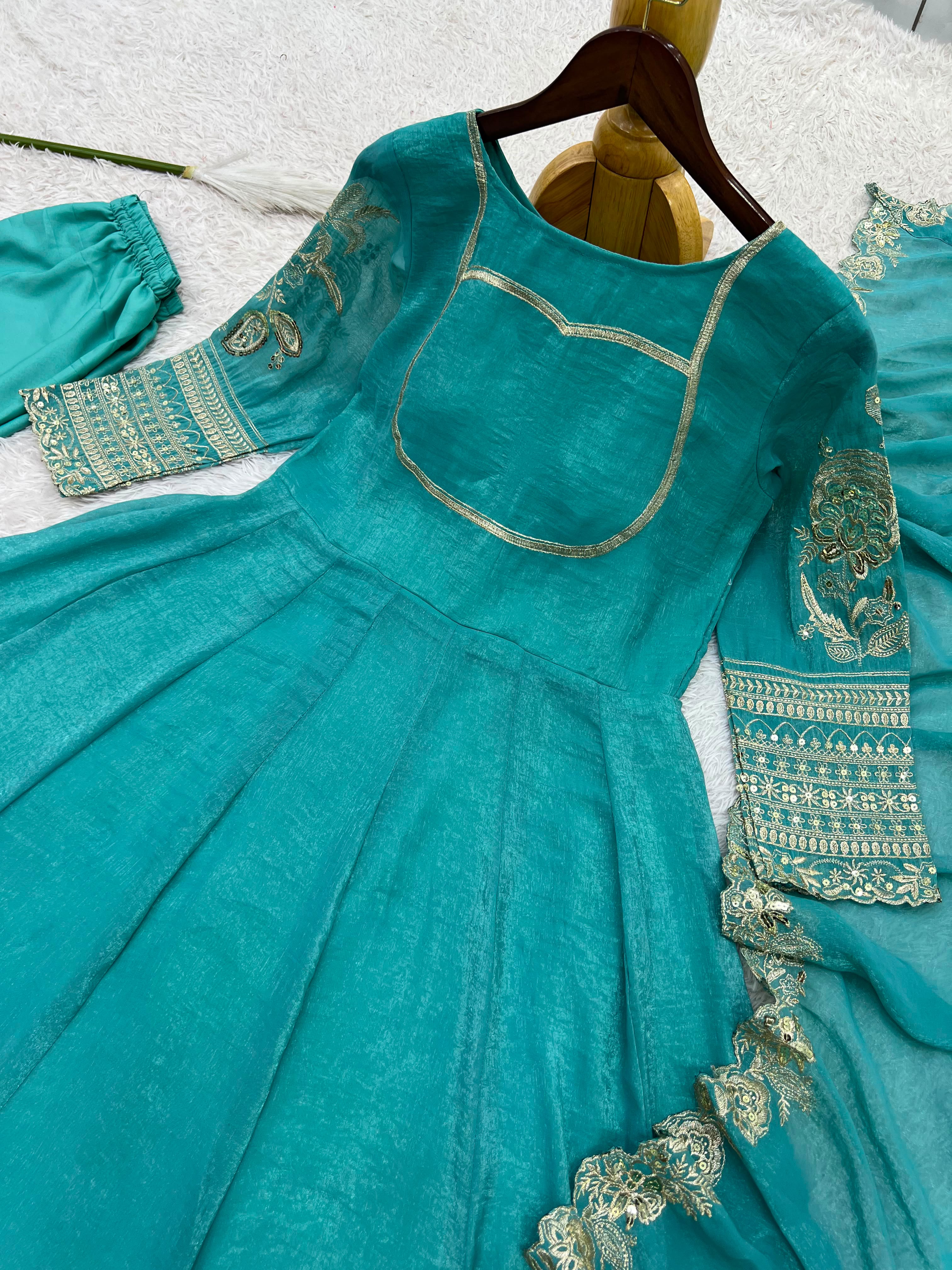 Fancy Embroidery & Sequence Work Heavy Silk Anarkali Gown Set with Pant & Dupatta