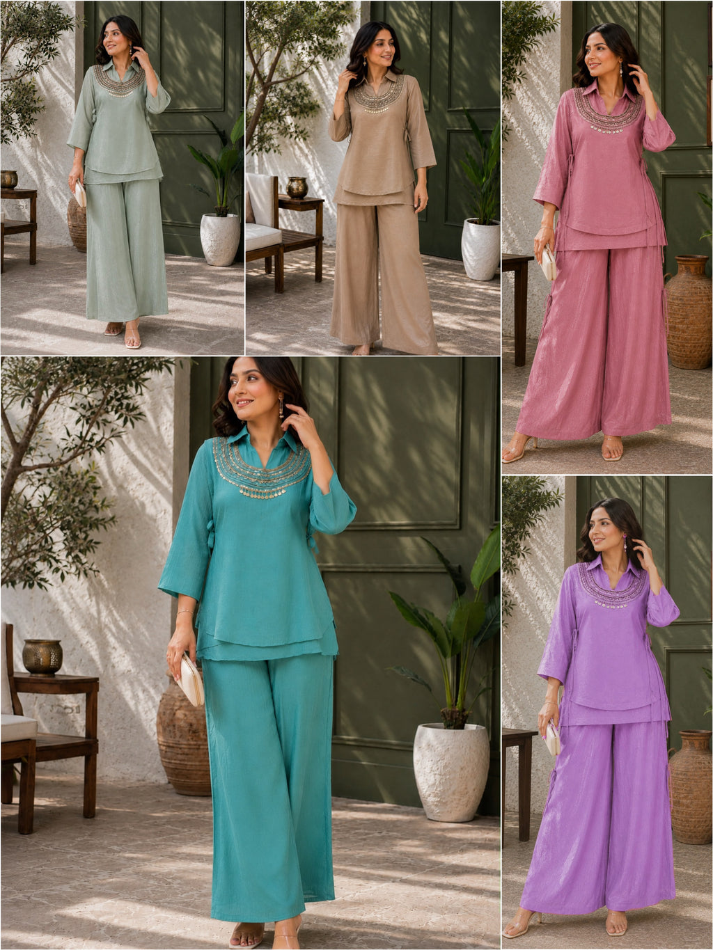 3-Piece Gold Crush Kurti & Palazzo Set with Embroidered Sequence Jacket
