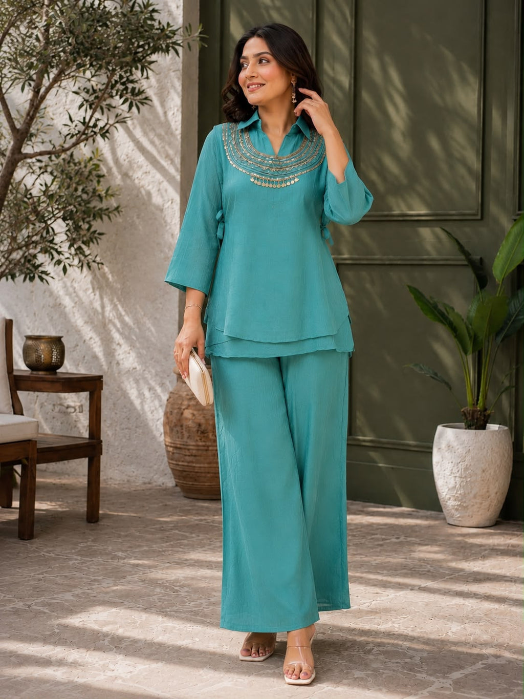 3-Piece Gold Crush Kurti & Palazzo Set with Embroidered Sequence Jacket