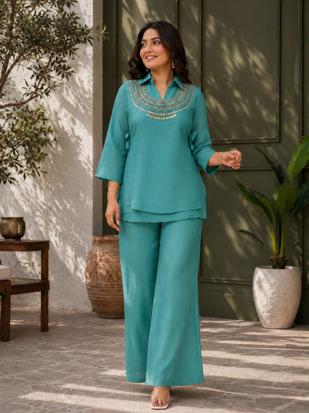 3-Piece Gold Crush Kurti & Palazzo Set with Embroidered Sequence Jacket