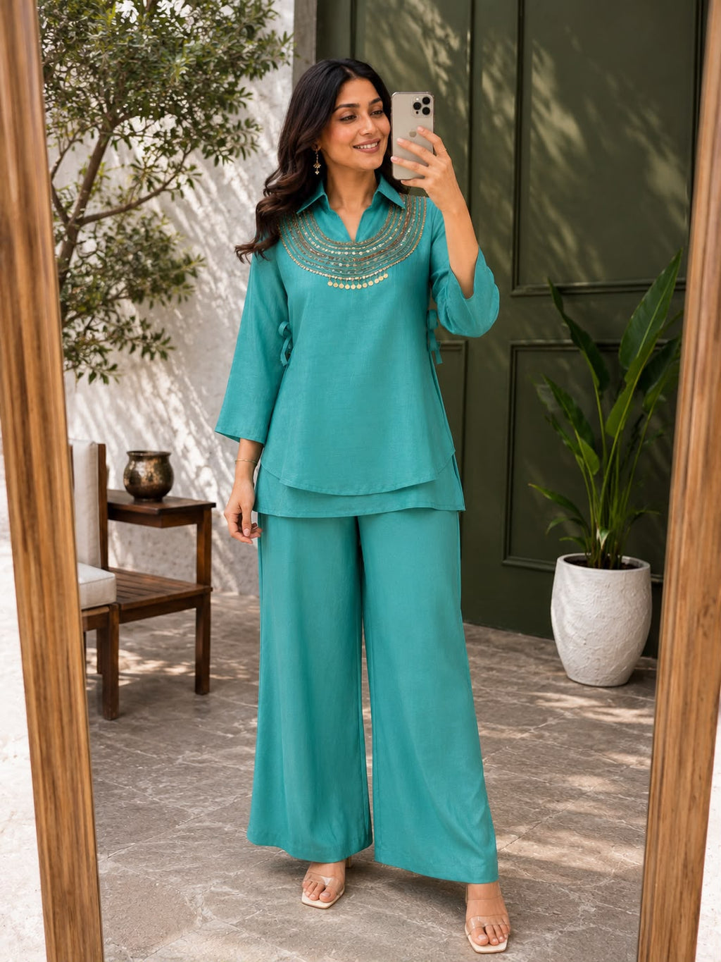 3-Piece Gold Crush Kurti & Palazzo Set with Embroidered Sequence Jacket