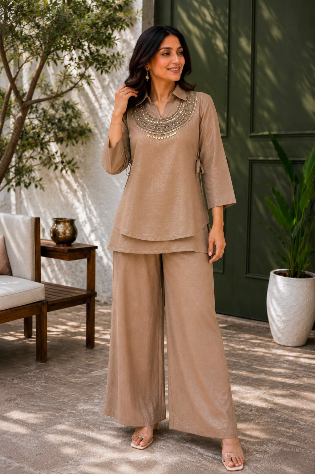 3-Piece Gold Crush Kurti & Palazzo Set with Embroidered Sequence Jacket