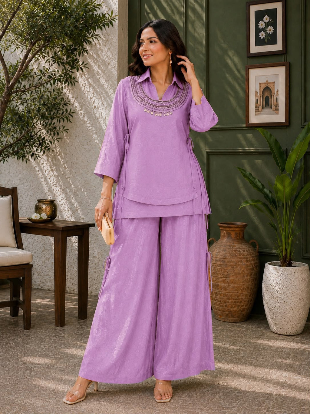 3-Piece Gold Crush Kurti & Palazzo Set with Embroidered Sequence Jacket