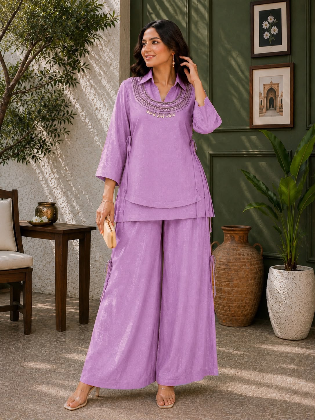 3-Piece Gold Crush Kurti & Palazzo Set with Embroidered Sequence Jacket