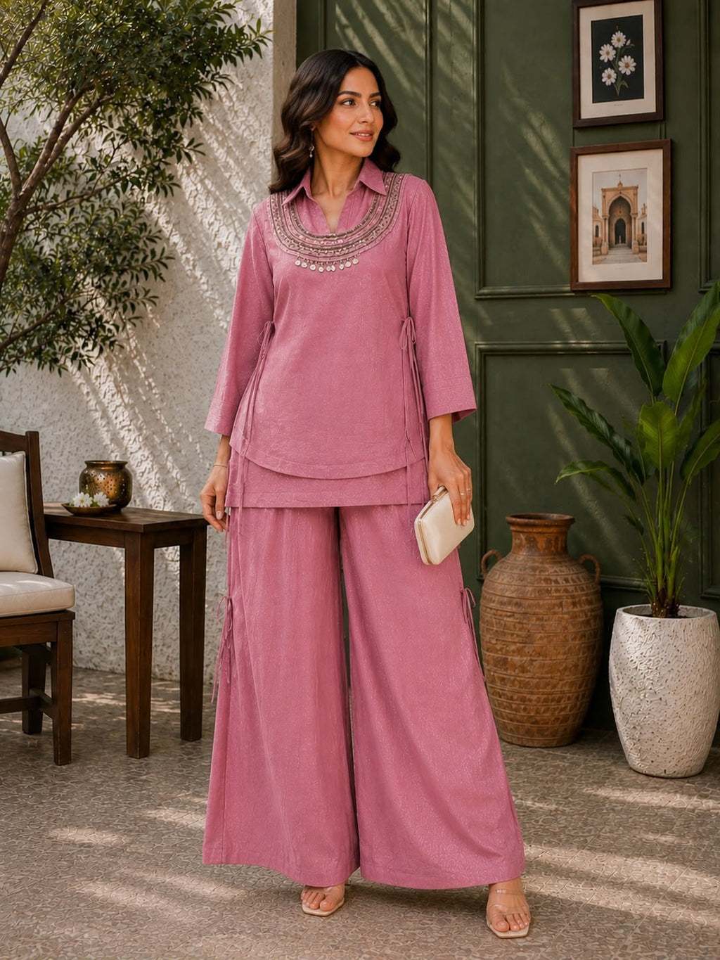 3-Piece Gold Crush Kurti & Palazzo Set with Embroidered Sequence Jacket