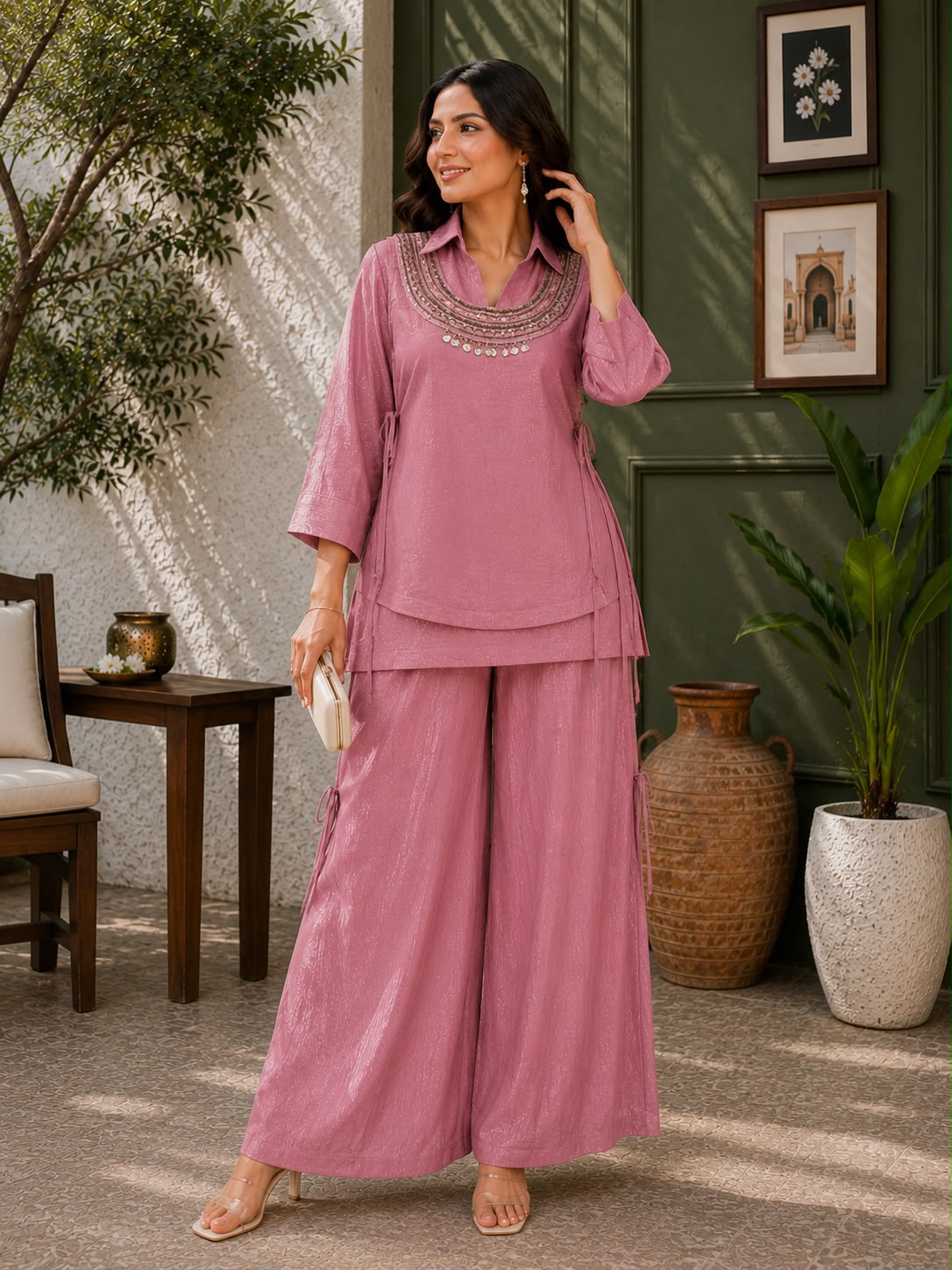 3-Piece Gold Crush Kurti & Palazzo Set with Embroidered Sequence Jacket