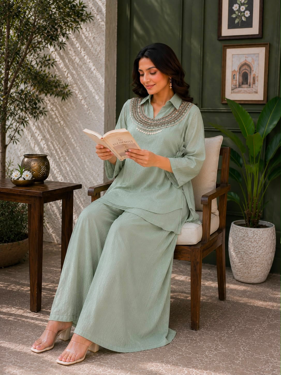 3-Piece Gold Crush Kurti & Palazzo Set with Embroidered Sequence Jacket