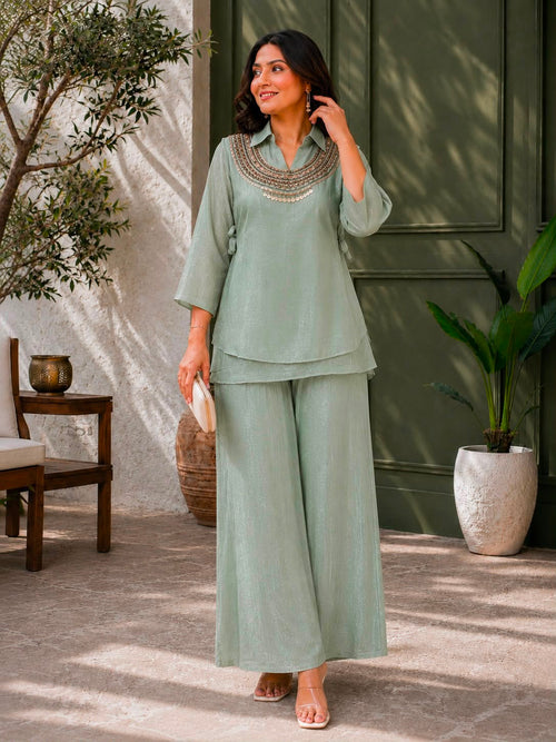 3-Piece Gold Crush Kurti & Palazzo Set with Embroidered Sequence Jacket