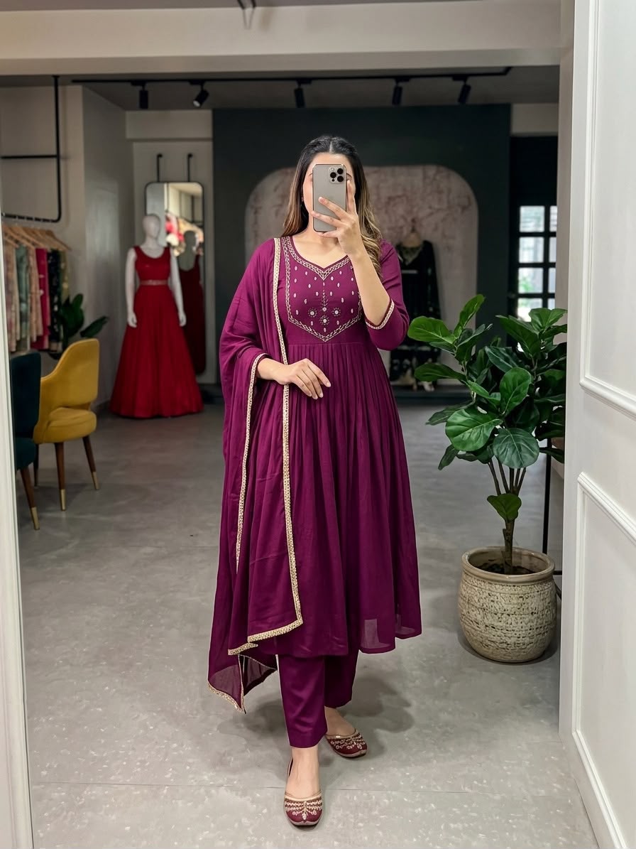 HOV Shiddat Mul Chanderi Anarkali Suit Set with Roman Silk Trousers & Dupatta