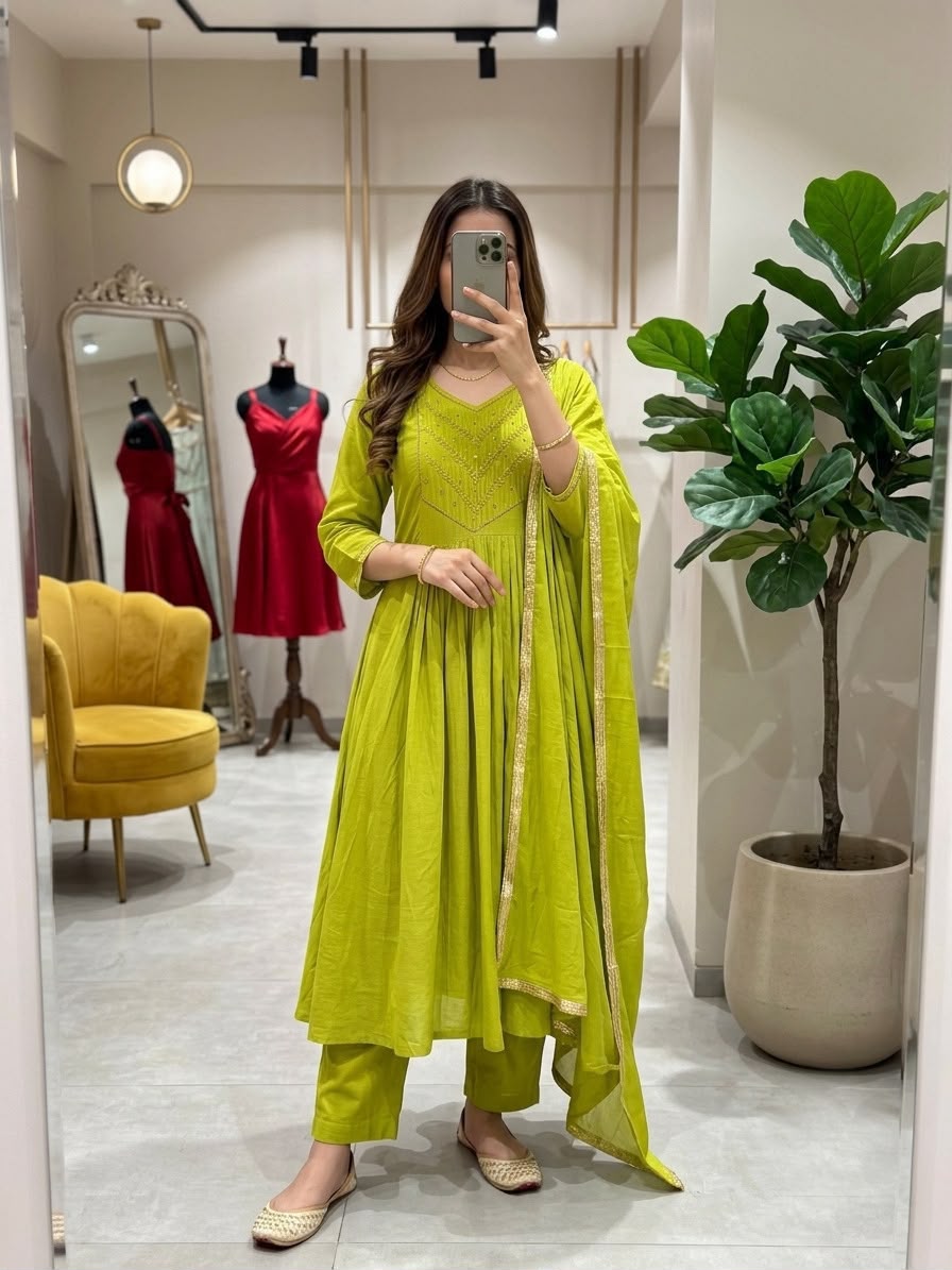 HOV Shiddat Mul Chanderi Anarkali Suit Set with Roman Silk Trousers & Dupatta
