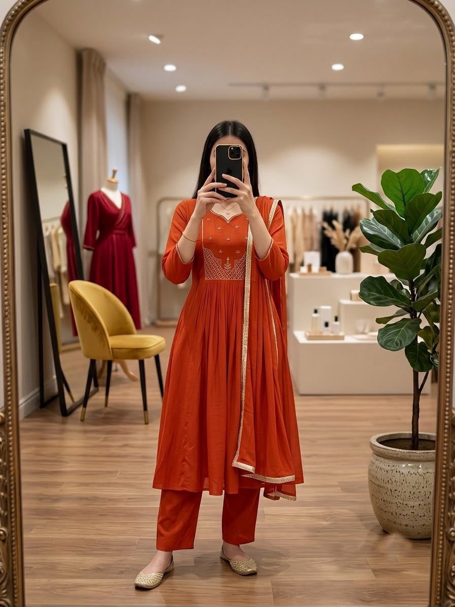 HOV Shiddat Mul Chanderi Anarkali Suit Set with Roman Silk Trousers & Dupatta