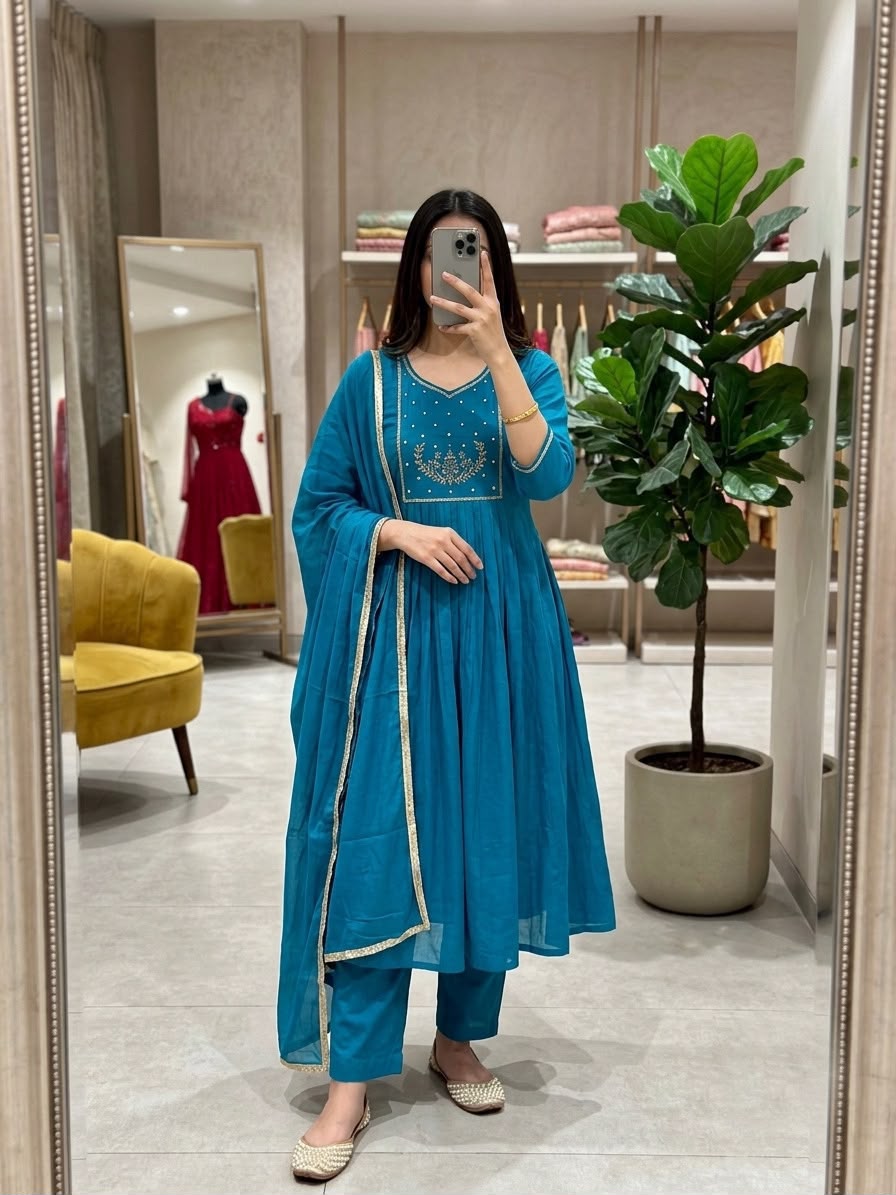 HOV Shiddat Mul Chanderi Anarkali Suit Set with Roman Silk Trousers & Dupatta